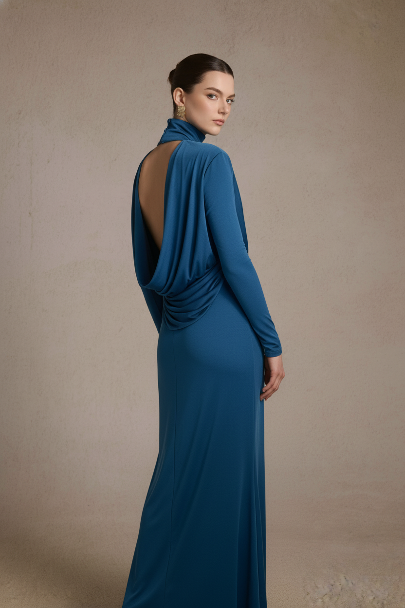 A woman modeling a floor-length teal blue gown from the back, featuring a draped open back, long sleeves, and a high neck, set against a textured beige studio backdrop.